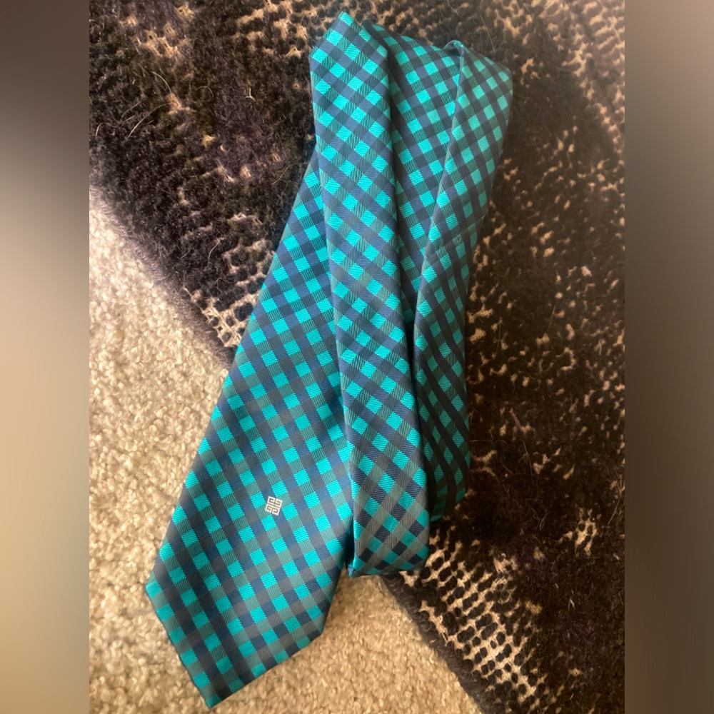 Vintage Givenchy tie blue plaid checked silk navy aqua blue Men’s unisex